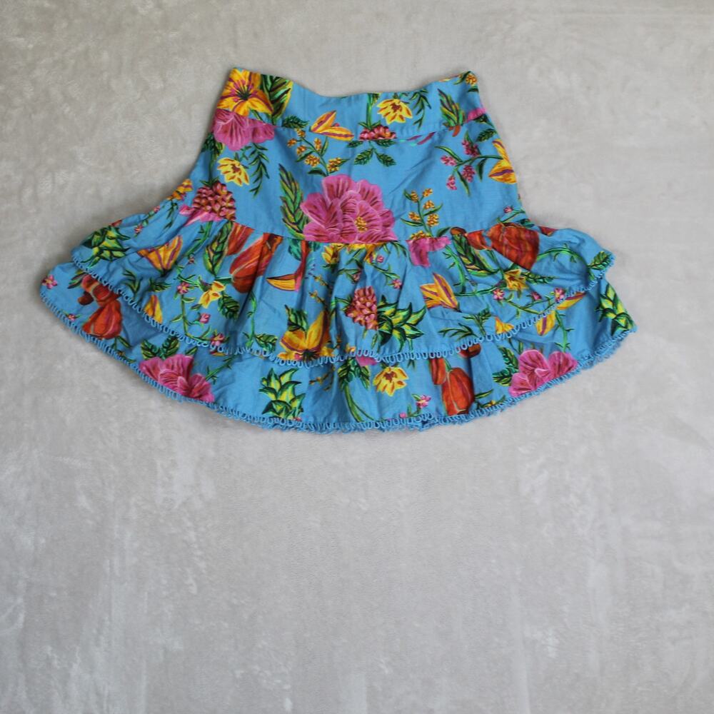 FARM Rio Mini Skirt Womens Size Small Blue Tropical Floral Tiered Ruffle Resort